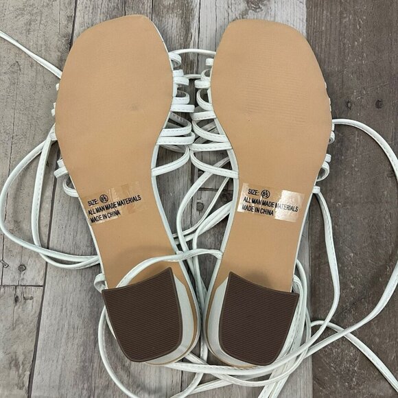 Lulu's Lace-up Strappy White Sandals Size 8.5 M Square Toe Low Block Heel - Picture 12 of 13